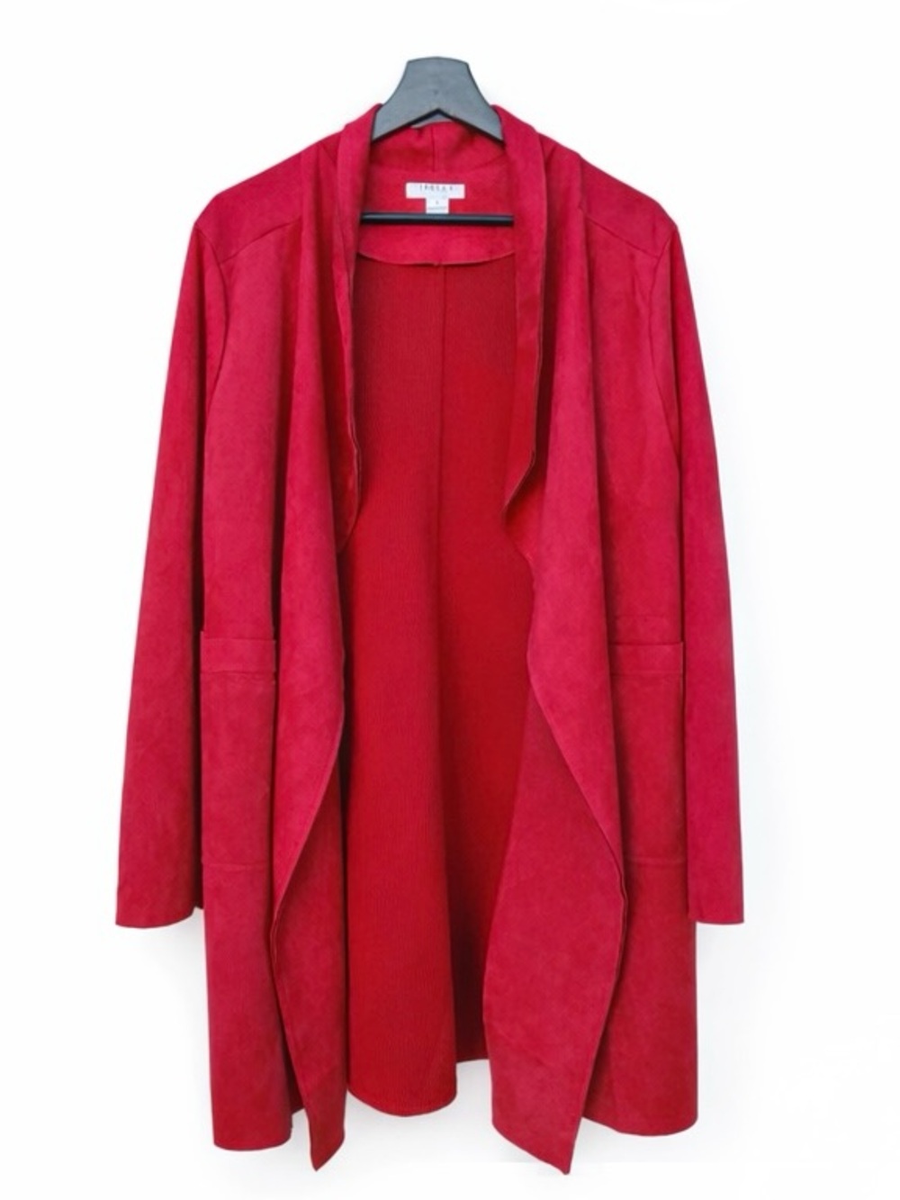 FAVLUX Red Faux Suede Waterfall Duster Cardigan Jacket